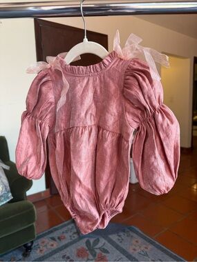 Kids Pink Puff-Sleeve One-Piece with Ribbon Ties